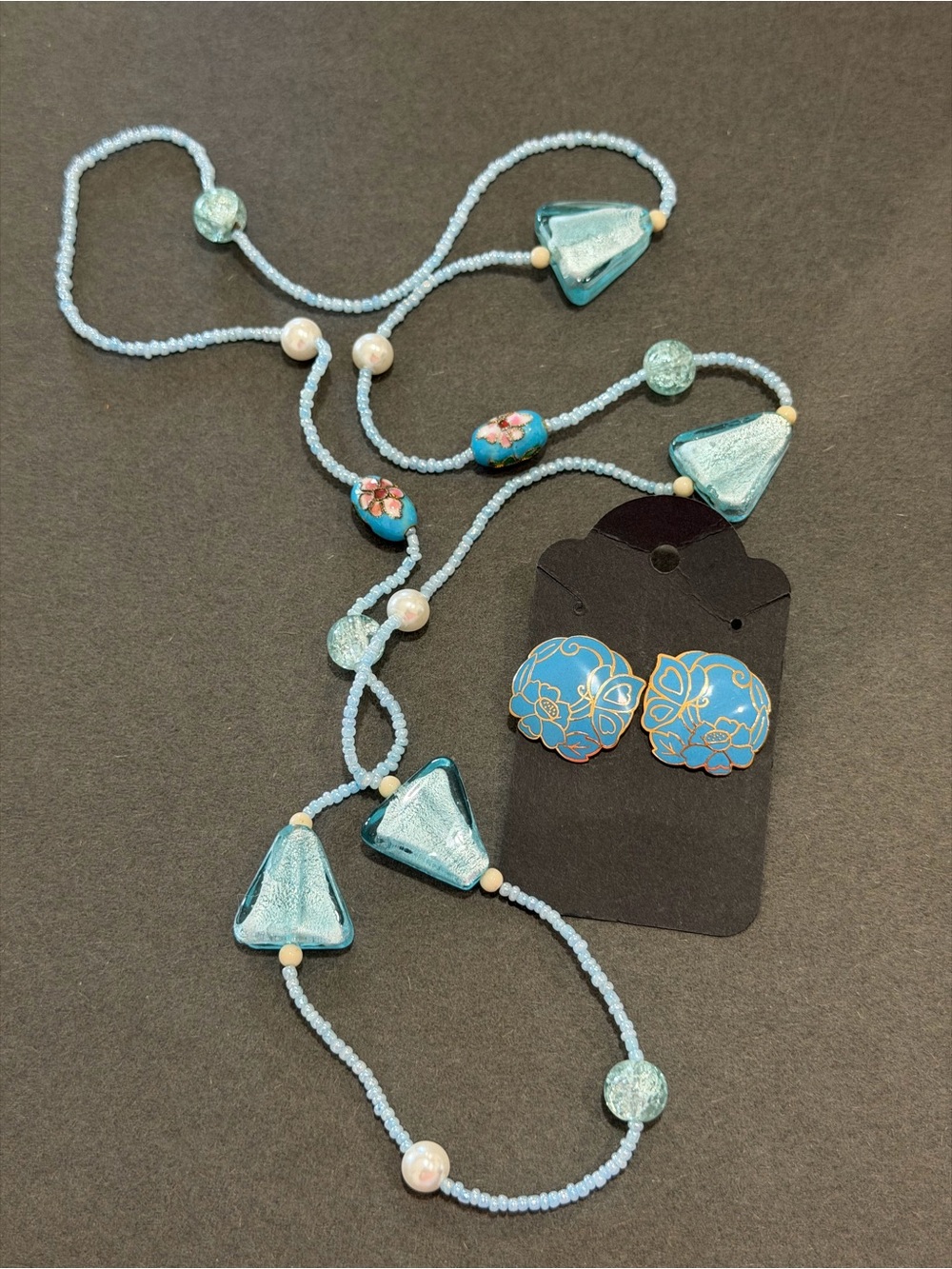 Cloisonne Blue Floral Bead Glass Necklace and Earrings Set